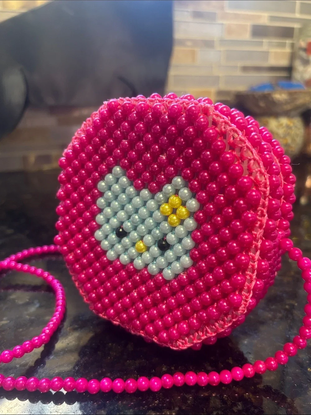 Hand Crafted Hot Pink Beaded Kids Crossbody with Blue Cat Motif